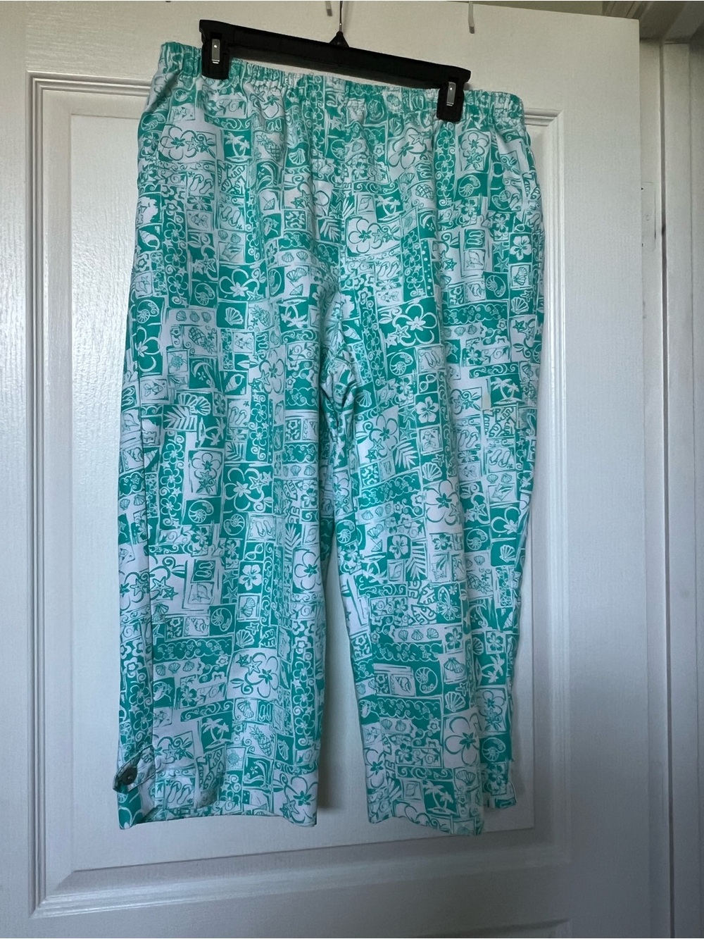 Kim Rogers Turquoise and White Printed Pull-On Pants